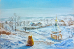 Cat in Winter. Soft pastel on paper, 21x30 cm. 2016