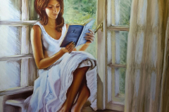 Girl with a book by the window. Soft pastel on paper, 50x65 cm. 2016
