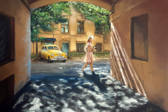 Tourist Girl in the Moscow courtyard. Soft pastel on paper, 35x45 cm. 2017